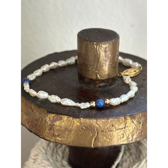 Vintage Rice Pearl Bracelet 12k gf clasp and lapis beads - Picture 2 of 3